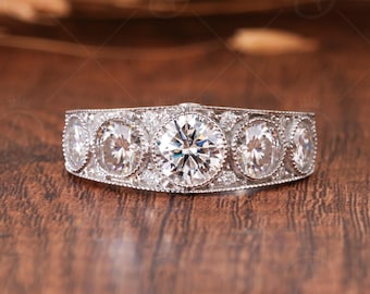 Art Deco Inspired Five Stone Moissanite Half Eternity Wedding Band, Vintage Milgrain Wide Statement Band