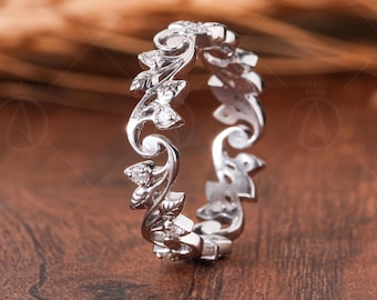 Floral Vine Moissanite Full Eternity Wedding Band, White Gold Nature Inspired Stackable Anniversary Ring