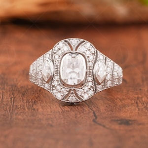 Art Deco Filigree Ring, Edwardian Moissanite Engagement Ring, Antique Milgrain Rings For Women, Unique Elongated Cushion Cut Ring image 1