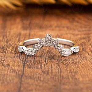 Moissanite Wishbone Wedding Bands Women, Unique Curved Stackable Ring, Art Deco Chevron Anniversary Band, Vintage Style Milgrain Band