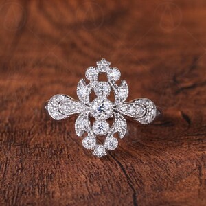Anillo de filigrana vintage para mujer, anillo de compromiso Art Deco único con milgrain, anillo llamativo de estilo eduardiano antiguo, anillo de moissanita