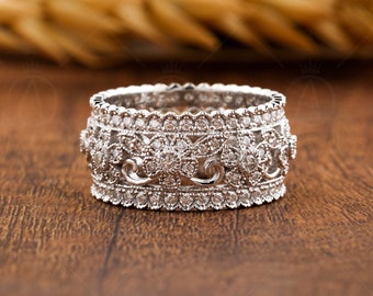 Flower Nature Inspired Wedding Bands For Women, Moissanite Full Eternity Anniversary Band, Art Deco Leaf And Vine Milgrain Wide Band Ring