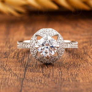 Art Deco Milgrain Rings For Women, Round Moissanite Unique Engagement Ring, Silver & Gold Promise Ring For Her, Vintage Moissanite Ring