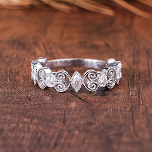 Filigree Wedding Band For Women Milgrain Vintage Anniversary Ring Unique Art Deco White Gold Ring Moissanite Wide Promise Band