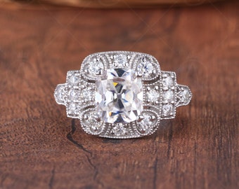 Victorian Style Edwardian Moissanite Engagement Ring, Antique Old Mine Cut Cushion Cut Ring, OEC Moissanite Vintage Ring, Milgrain Ring