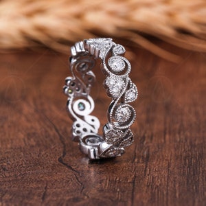 Vintage Filigree Wedding Bands Women Unique Milgrain Full Eternity Band Art Deco Anniversary Band White Gold Moissanite Band Ring