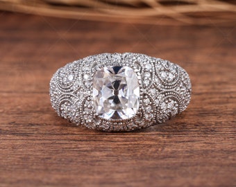 Antique Filigree Statement Ring, Vintage Old European Cushion Cut Ring, Moissanite Chunky Dome Ring, Art Deco Milgrain Rings For Women