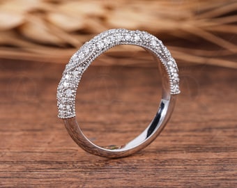 Moissanite Filigree Band Ring, 14K White Gold Art Deco Milgrain Wedding Ring
