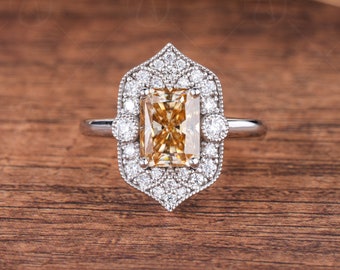 Art Deco Vintage Engagement Rings For Women, 2.50 Ct Champagne Color Radiant Cut Ring, Unique Vintage Milgrain Ring, Anniversary Ring