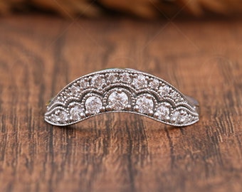 Arched Wedding Bands Women, Moissanite Vintage Curved Band, Art Deco Contour Stackable Rings, Unique Milgrain Ring For Wedding