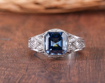 Electric Blue Asscher Cut Moissanite Art Deco Ring, Vintage Filigree Engagement Ring, September Birthstone Ring, Estate Milgrain Ring