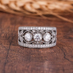Vintage Filigree Wedding Bands Women, Antique Art Deco Wide Anniversary Ring, Edwardian Style Milgrain Band, Estate Jewelry Rings