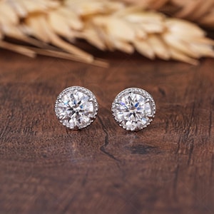 Pendientes de botón de moissanita de corte redondo Art Deco, pendientes de solitario para mujer, regalo de dama de honor, pendientes de estilo vintage con milgrain