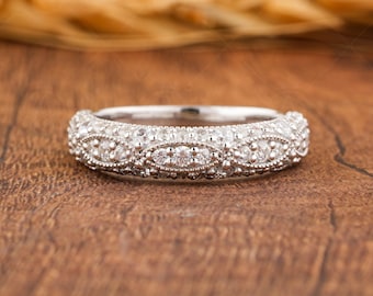 Vintage Style Milgrain Moissanite Half Eternity Wedding Band, Art Deco Gold Anniversary Ring For Her