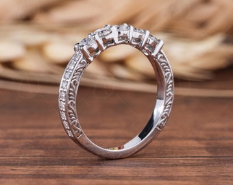 Antique Carved Vintage Wedding Bands Women, Engraved 5 Stone Stackable Anniversary Rings, Unique Vintage Bridal Band Ring, Matching Band