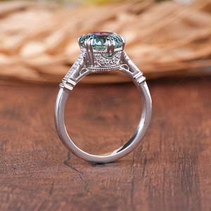 Cyan Blue Portuguese Cut Moissanite Ring, Art Deco Unique Engagement Ring, Round Portuguese Cut Vintage Ring, Promise Rings For Women