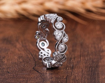 Vintage Filigree Wedding Bands Women Unique Milgrain Full Eternity Band Art Deco Anniversary Band White Gold Moissanite Band Ring
