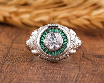 Emerald Target Ring, Emerald Estate Rings For Women, White Moissanite Flower Ring, Antique Art Deco Engagement Ring, Nature Inspired Ring