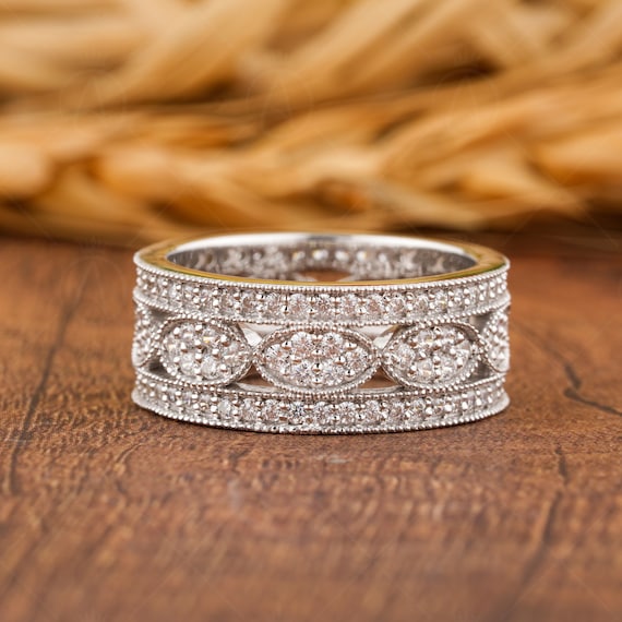 Vintage Filigree Anniversary Bands Women Wide Full Eternity Band Art Deco Moissanite Wedding Band Gold Unique Thick Promise Ring For Her