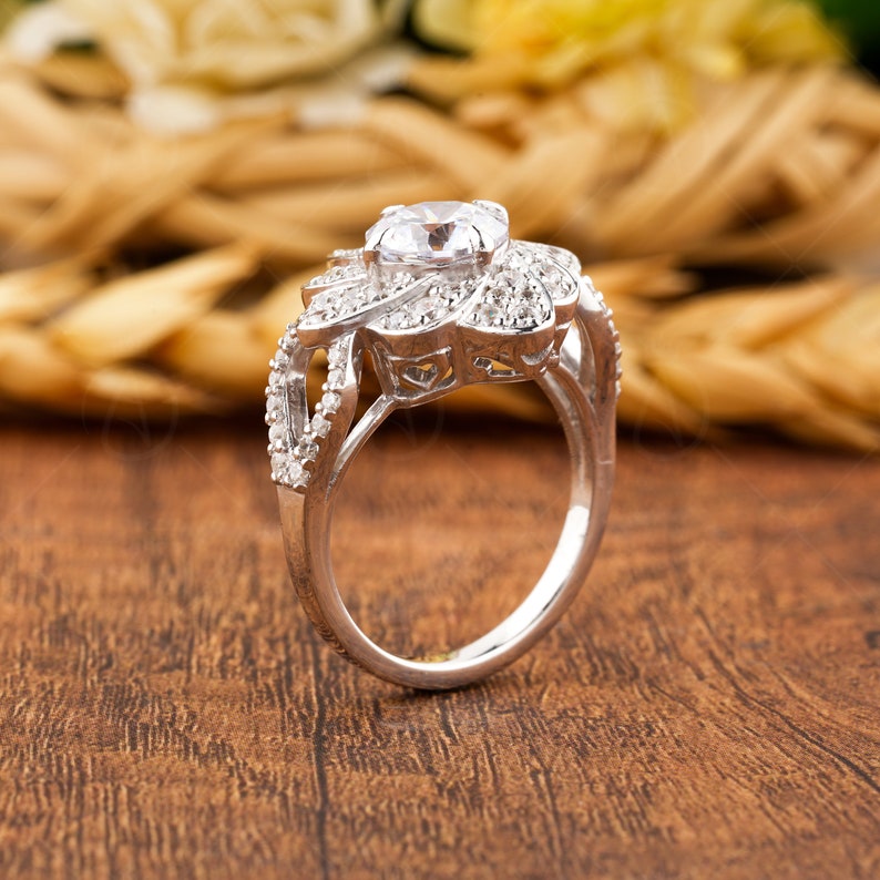 Flower Nature Inspired Ring For Women, 14K Gold Art Deco Floral Ring, Unique Cushion Cut Moissanite Engagement Ring, Promise Ring For Her image 5
