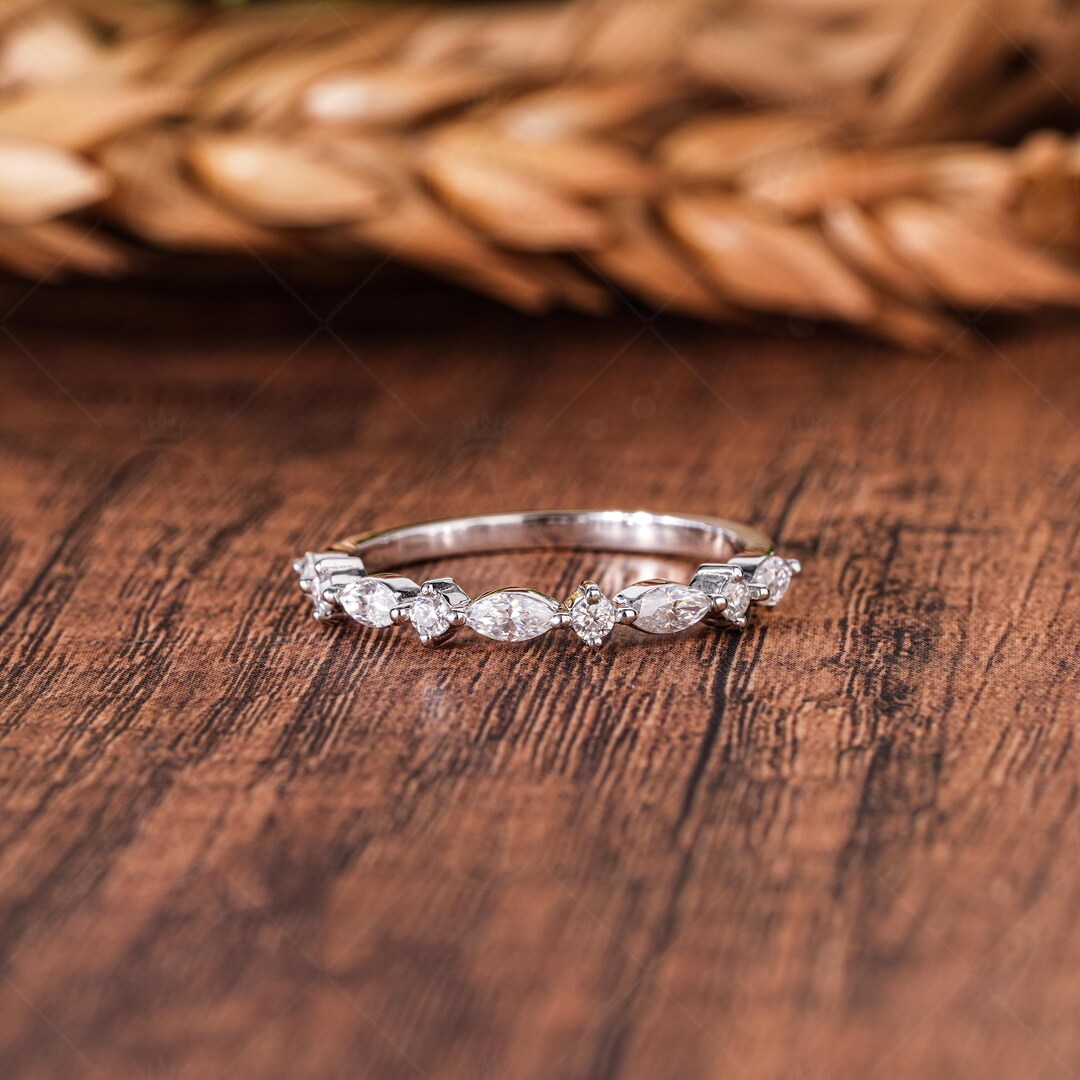 Lab Grown Diamond Wedding Band, Marquise & Round Cut, Half Eternity - Etsy