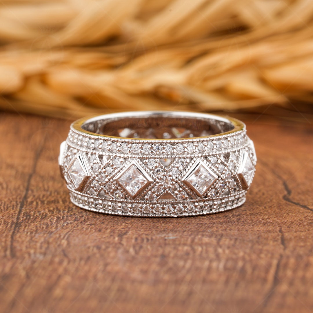 Art Deco Vintage Wedding Band, Moissanite Anniversary Bands for Women ...