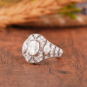 Art Deco Filigree Ring, Edwardian Moissanite Engagement Ring, Antique Milgrain Rings For Women, Unique Elongated Cushion Cut Ring image 3