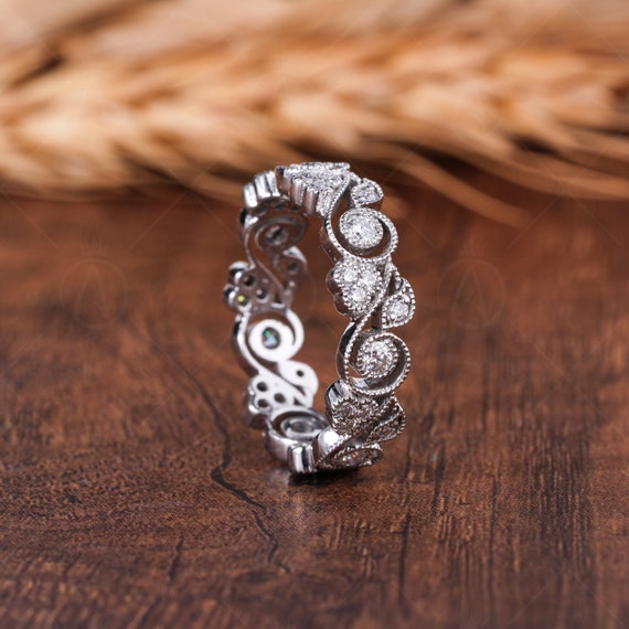 White Gold Moissanite Vintage Wedding Band, Art Deco Filigree Ring, Milgrain Full Eternity Band