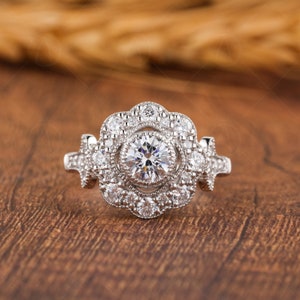 Floral Natur inspiriert Ring, Vintage Art-Deco-Stil Ring, Milgrain Ring, antike Moissanit Halo Verlobungsring, Versprechen Ringe für Frauen