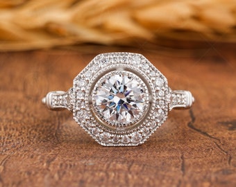 Octagon Shape Ring, Art Deco Style Moissanite Ring, Vintage Inspired Halo Engagement Ring, Antique Milgrain Ring, Bezel Set Round Ring Women