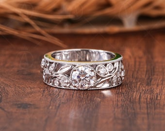 Vintage Moissanite Round Cut Filigree Statement Ring, Milgrain Cocktail Ring, Wide Wedding Band for Her