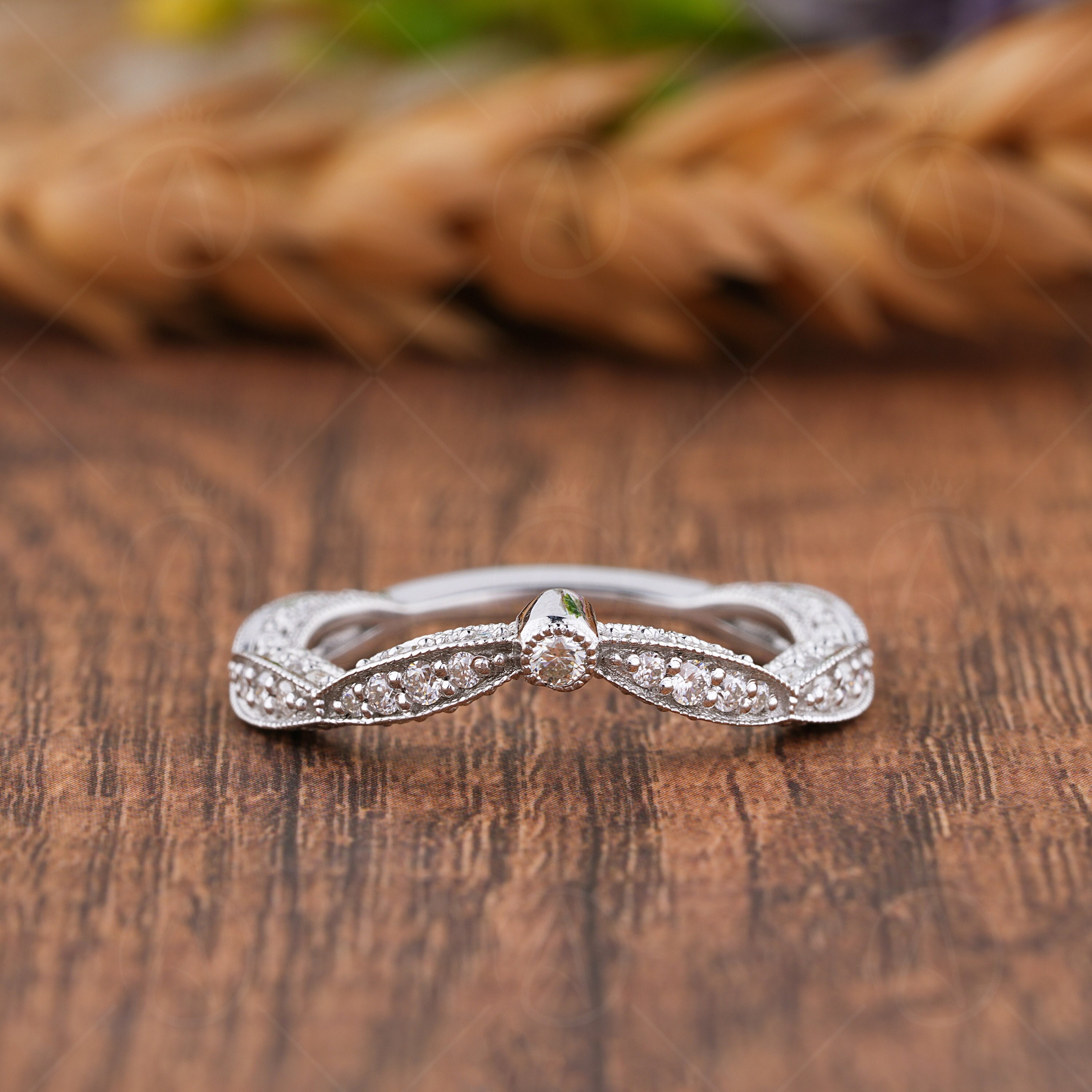 Vintage V Shaped Wedding Band, Chevron Moissanite Ring, Contour Stackable Matching Band For Ring, Art Deco Engagement Ring Jacket
