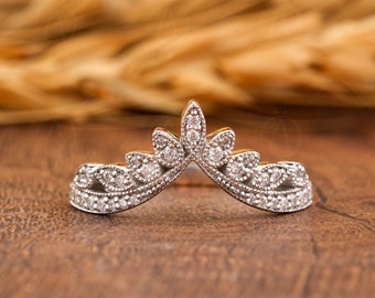 Moissanite Vintage Milgrain Band, V Shaped Wedding Band Women, Curved leaf Style Nature Inspired Band, Solid Gold Chevron Matching Band