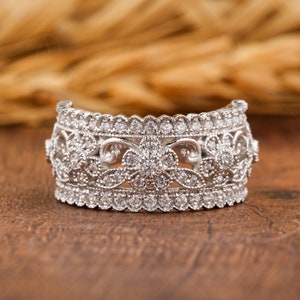 Floral Nature Inspired Rings For Women, Flower Milgrain Wedding Band, Leaf And Vine Wide Band, Unique Anniversary Band, Moissanite Band Ring