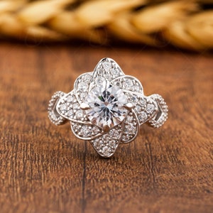 Flower Nature Inspired Ring For Women, 14K Gold Art Deco Floral Ring, Unique Cushion Cut Moissanite Engagement Ring, Promise Ring For Her image 1