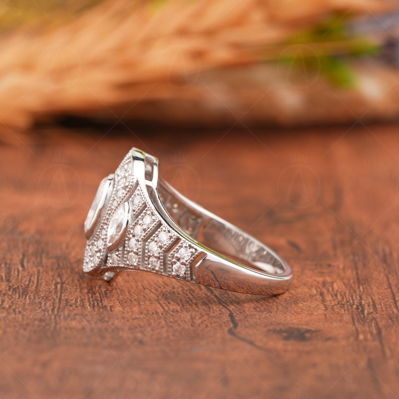 Art Deco Filigree Ring, Edwardian Moissanite Engagement Ring, Antique Milgrain Rings For Women, Unique Elongated Cushion Cut Ring image 4