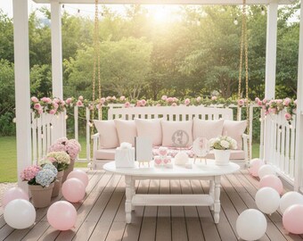 May include: A romantic outdoor setting with a white swing adorned with pink cushions and floral garlands. A white table holds decorations, balloons, and potted flowers. The scene is bathed in soft sunlight, creating a dreamy atmosphere.