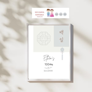 Puede incluir: Un póster imprimible para una celebración de 100 días con un diseño tradicional coreano. El póster presenta un marco de ventana decorativo, un carácter coreano para "100 días" y un nudo coreano tradicional. El texto "Ethen's 100day 12.3.2030" está impreso en el póster.