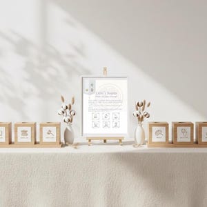 May include: A display of wooden blocks and a framed sign on a table. The blocks feature various icons, and the sign has text that reads "Liam's Doljabi". Decorative elements include vases with cotton stems.
