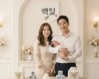 May include: A family portrait featuring a smiling couple holding a newborn baby. The scene is set in a bright room with a banner in Korean script. Decorative gift boxes and a cake are on the table. The couple is wearing light-colored clothing.