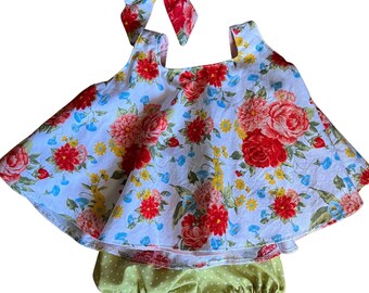 Handmade Floral Baby Outfit: Vintage Top, Bloomers & Bow (12-18 Months)
