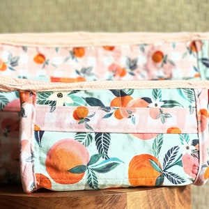 Zippered bag, cosmetic bag, peaches, gingham, pink bags, gift bags, pouch, accessory bag, makeup bag