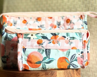 Peaches Gingham Cosmetic Bag: Zippered Makeup Pouch