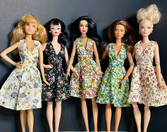 Fashion Doll Floral Dress Surplice Neck - Fits Poppy, Model Muse, MTM, Silkstone