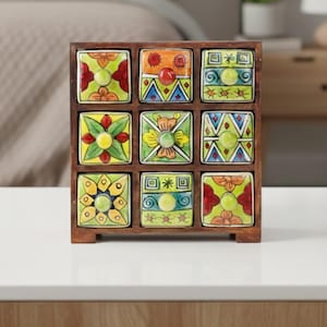 Handmade Indian Spice Box | 9-Compartment Ceramic Drawer Organizer | Wooden Masala Box | Kitchen Storage Decor