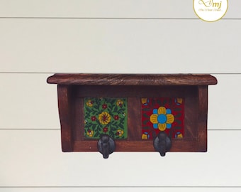 Handcrafted Wooden Key Holder with Floral Ceramic Tile | Rustic Wall Mounted Key Rack with 3 Hooks | Entryway Organizer | Indian Handmade