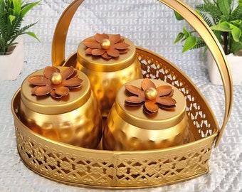 decorative dry fruit jar hamper, handmade dry fruit box, golden heart shape jar hamper, antique indian jar hamper