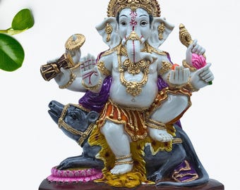 Hand Painted Ganesha Idol Statue with Mushak for Hindu Temple Decor