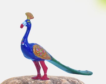 Handmade Metal Peacock Statue, Rajasthani Painted Sculpture