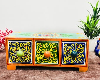 Handcrafted Wooden Spice Box | Rajasthani Ceramic Drawer Mini